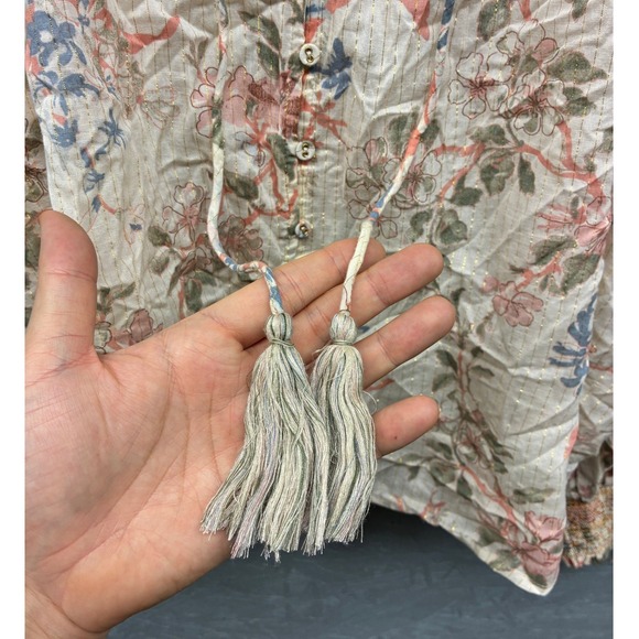 Anthropologie Blouse Women's Medium Ivory Pink Blue Floral Metallic Boho - Picture 3 of 10